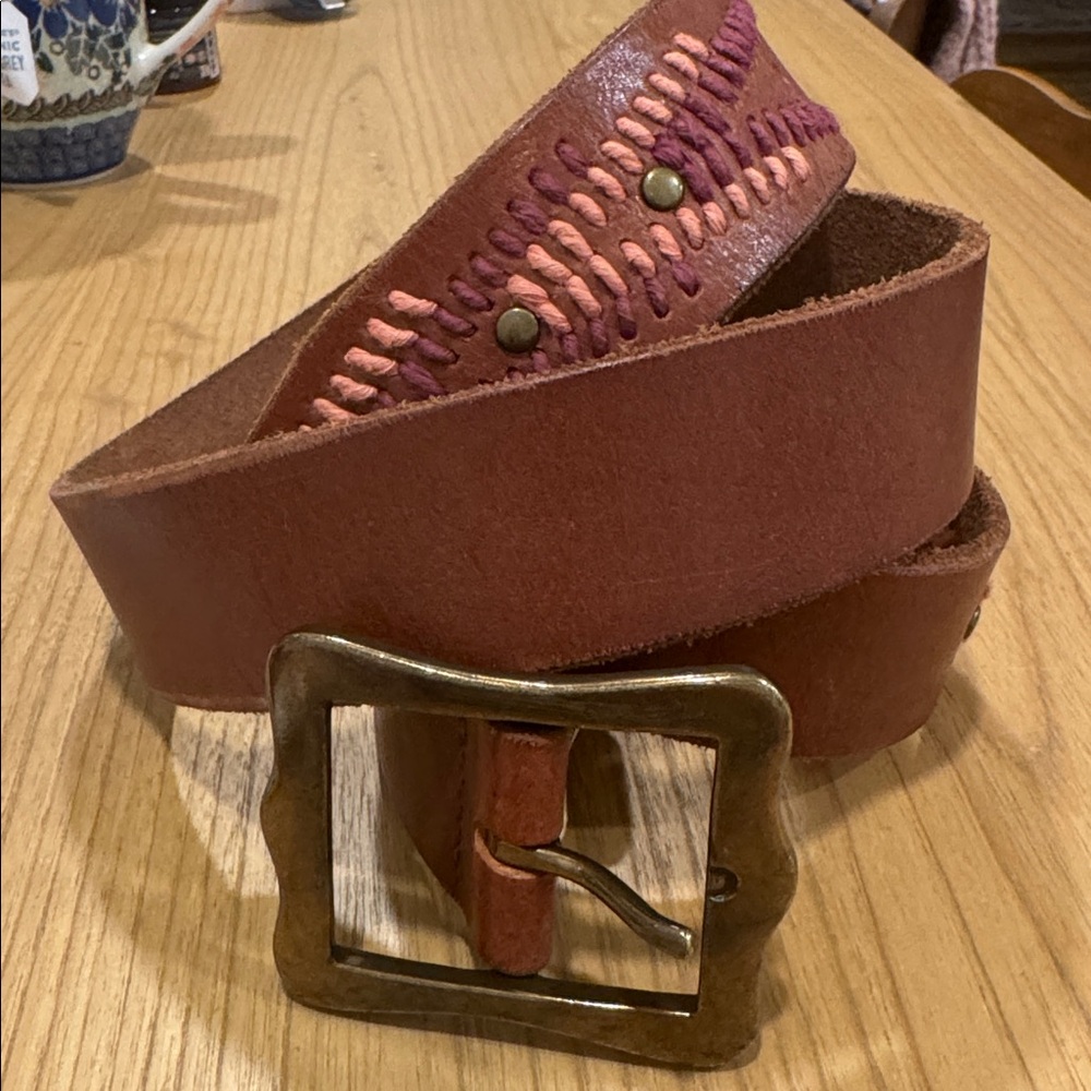 Lucky Brand Embroidered Beaded Boho   Brown Genuine Leather Belt Sz L - Picture 2 of 15